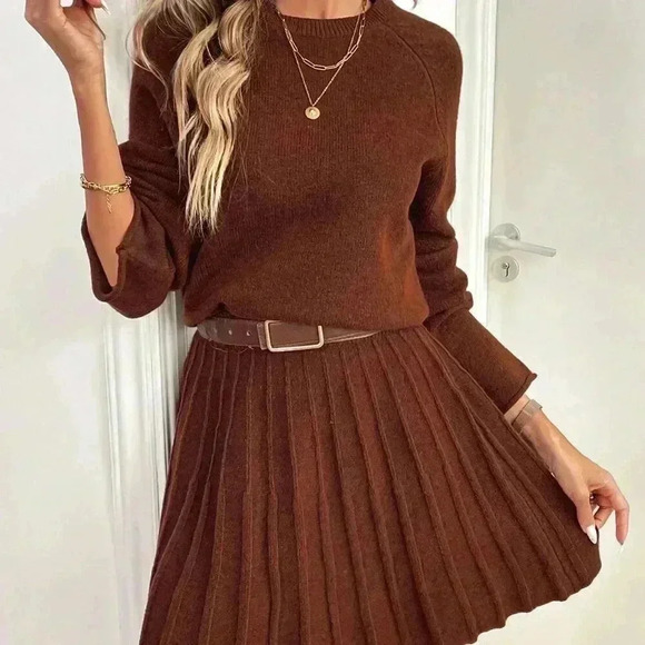Women's Casual College Style Solid Color Sweater And Pleated Skirt - Picture 2 of 7